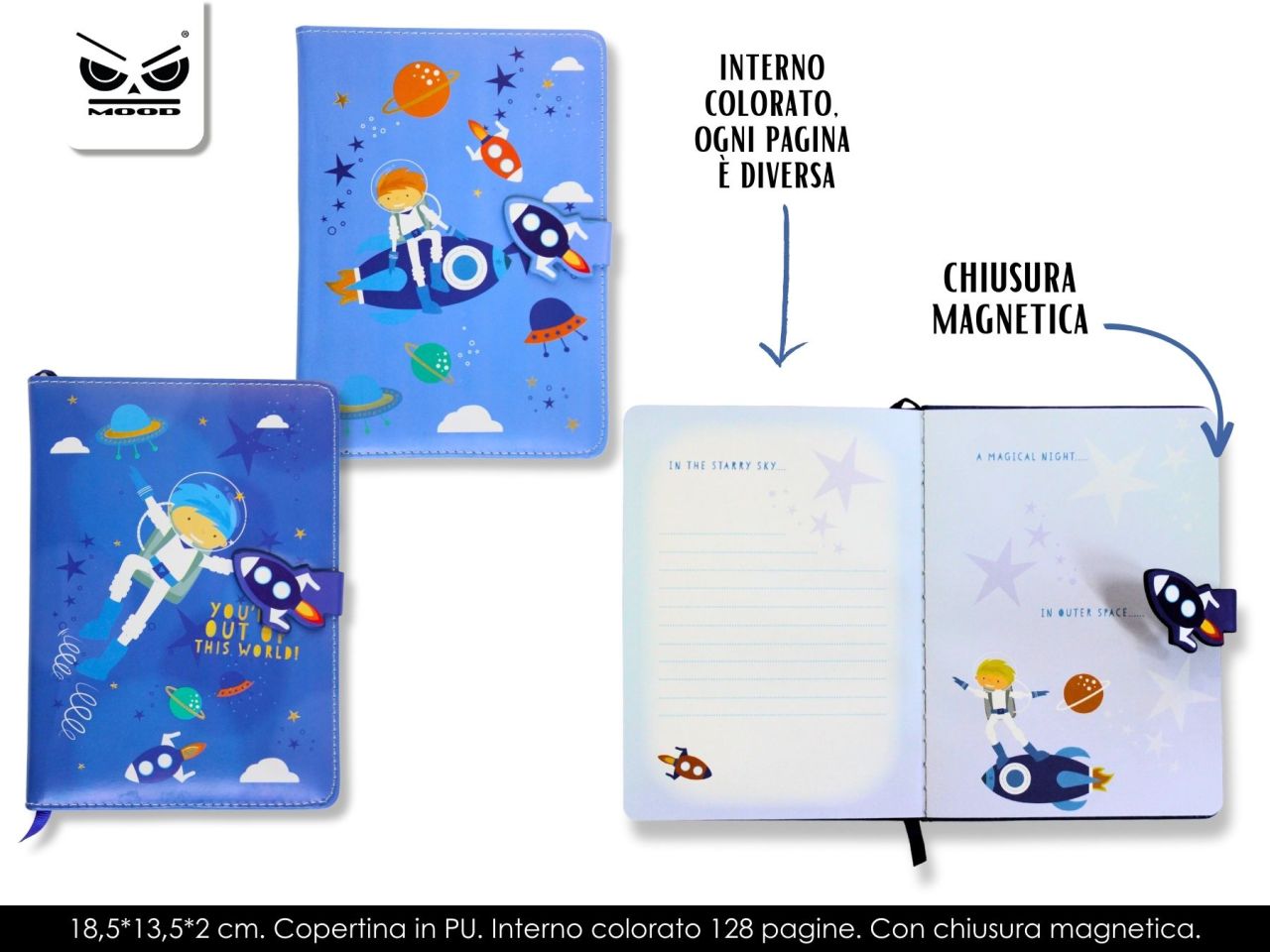 Notebook diario segreto astronauta misura 18,5x13,5x2cm con chiusura magnetica