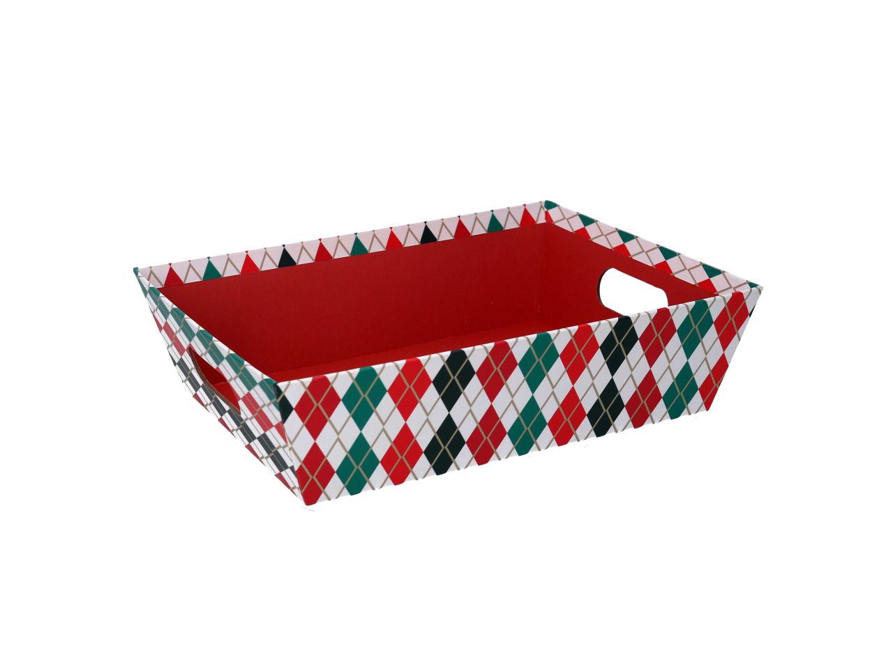 Cesta in cartone a rombi colore rosso e verde forma rettangolare misura 29x23xh.8cm