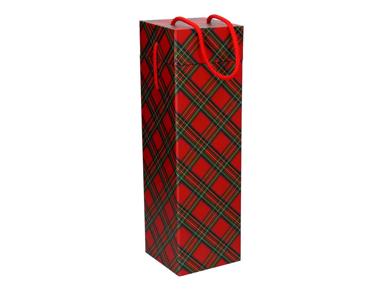 Portabottiglie in cartone colore rosso scozzese a quadri con cordino misura 10x10xh.32,5cm