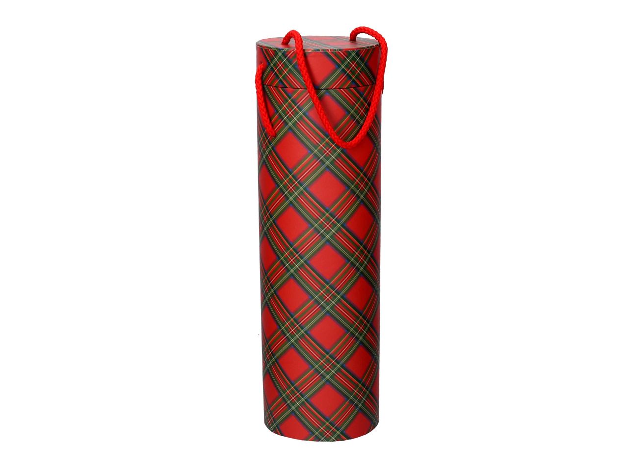 Portabottiglie in cartone colore rosso scozzese forma rotonda con cordino misura d.10xh.33cm