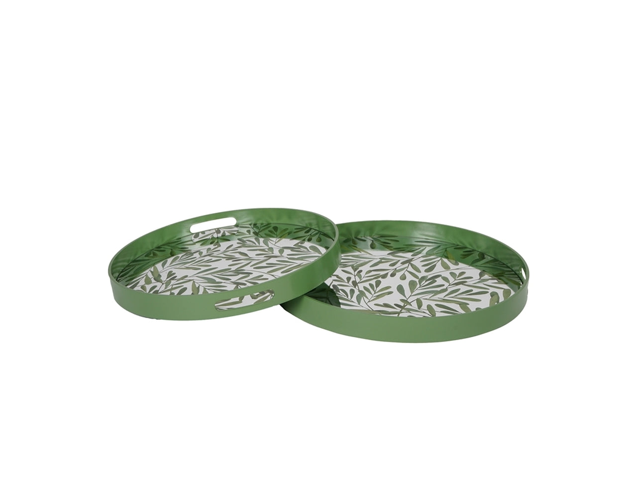 Set da 2 - Vassoio decorativo rotondo zebrato, in legno e vetro, stile tropical verde salvia - diametri 43cm e 48cm - Plàthea