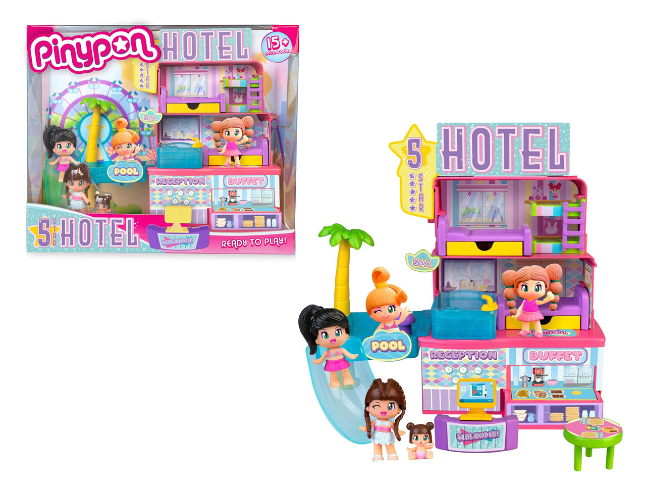 Pinypon 5 Star Hotel - Set con Accessori e 2 Personaggi, Multicolor, Età 4+, Famosa