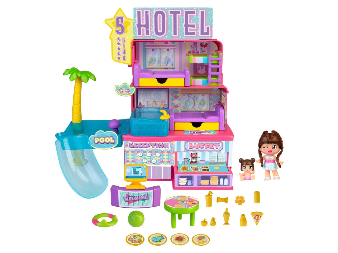 Pinypon 5 Star Hotel - Set con Accessori e 2 Personaggi, Multicolor, Età 4+, Famosa