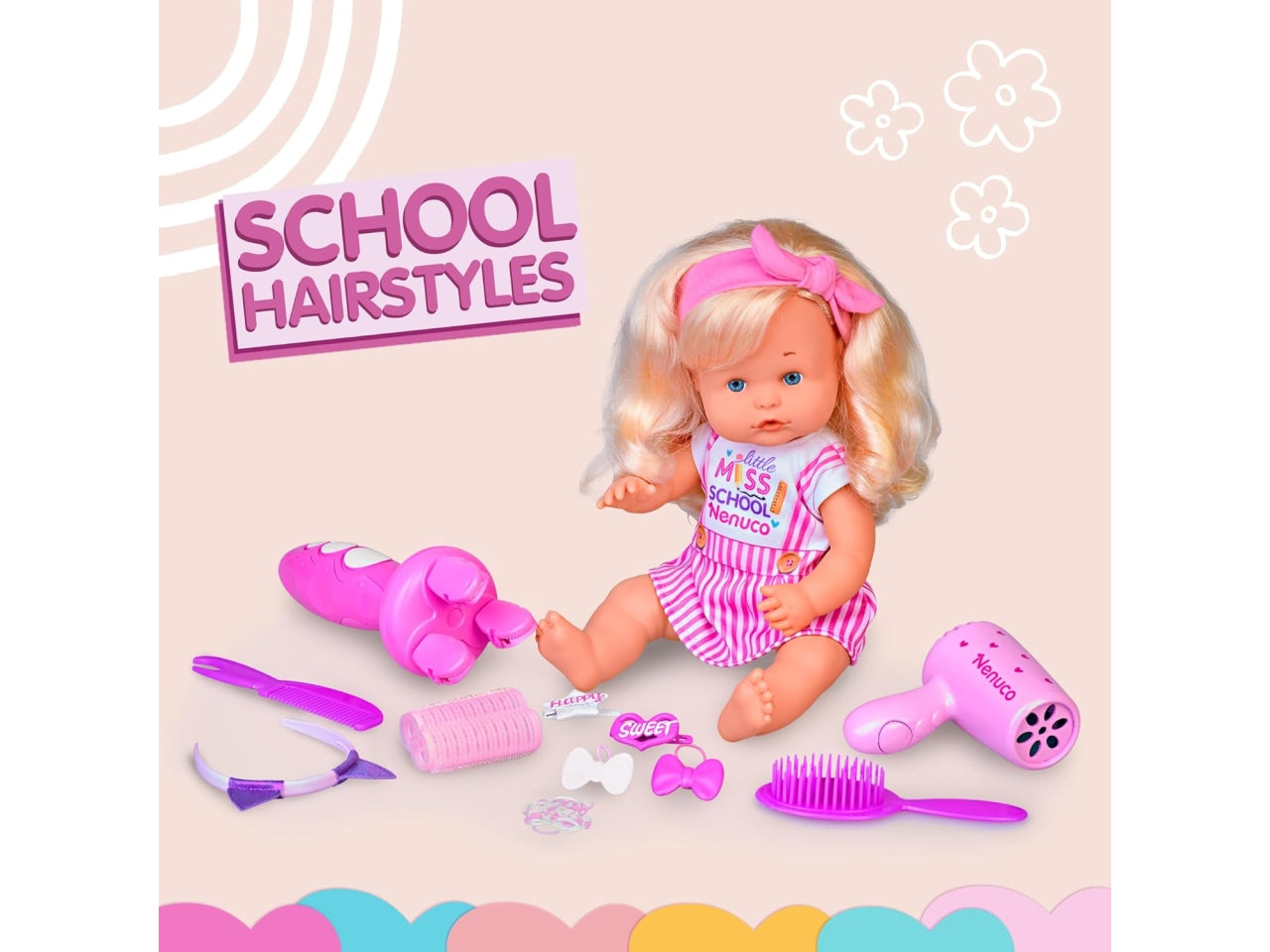 Bambola Nenuco School Hairstyle da 35 cm con capelli biondi e accessori per realizzare diverse acconciature, per bambini dai 3 in su | Famosa