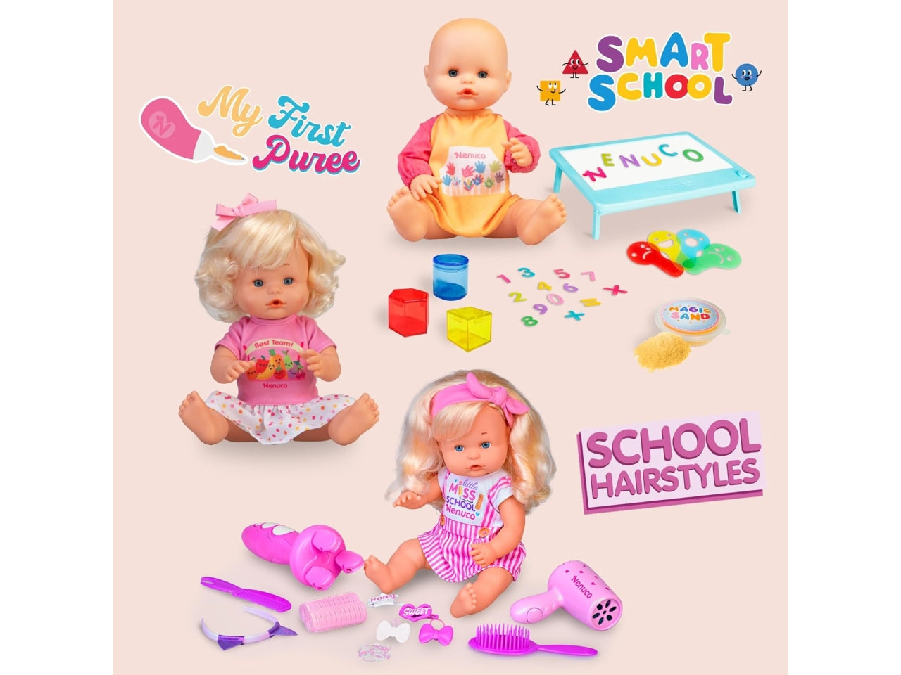 Bambola Nenuco School Hairstyle da 35 cm con capelli biondi e accessori per realizzare diverse acconciature, per bambini dai 3 in su | Famosa