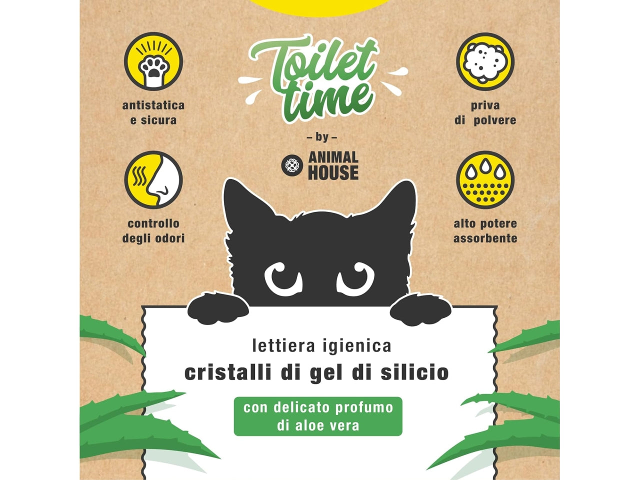 Lettiera toilet time in cristalli di silicio per gatti 5l antistatica all'aloe vera