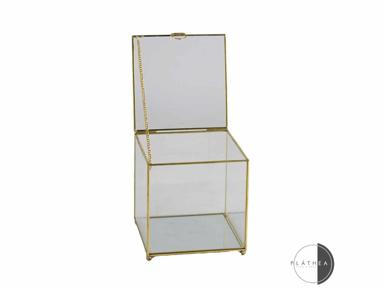 Scatolina in vetro 14x14x14,5cm con bordino in metallo oro
