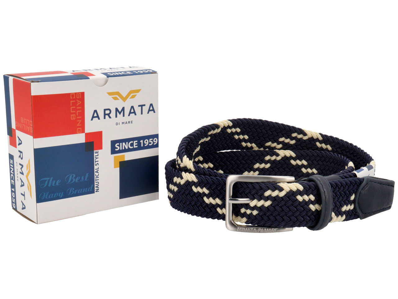 Cintura da uomo blu e beige in tessuto intrecciato elasticizzato 3,5 cm, taglie assortite dalla 110 alla 125, Armata di Mare