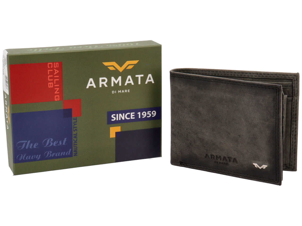 Portafoglio Armata di Mare uomo in vera pelle nera invecchiata 11x9x2 cm