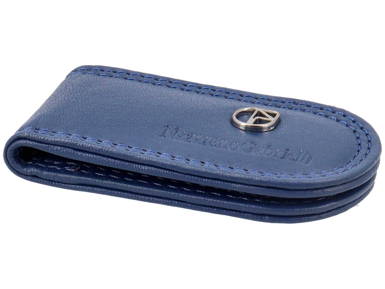 Fermasoldi uomo in pelle blu con chiusura magnetica e logo a rilievo - 4x7,5 cm - Nazareno Gabrielli