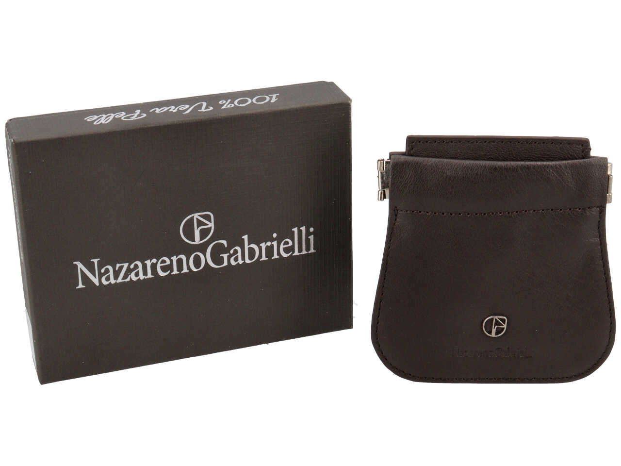 Portamonete Nazareno Gabrielli a molla in pelle marrone scuro 2 tasche 9,5x10x1 cm