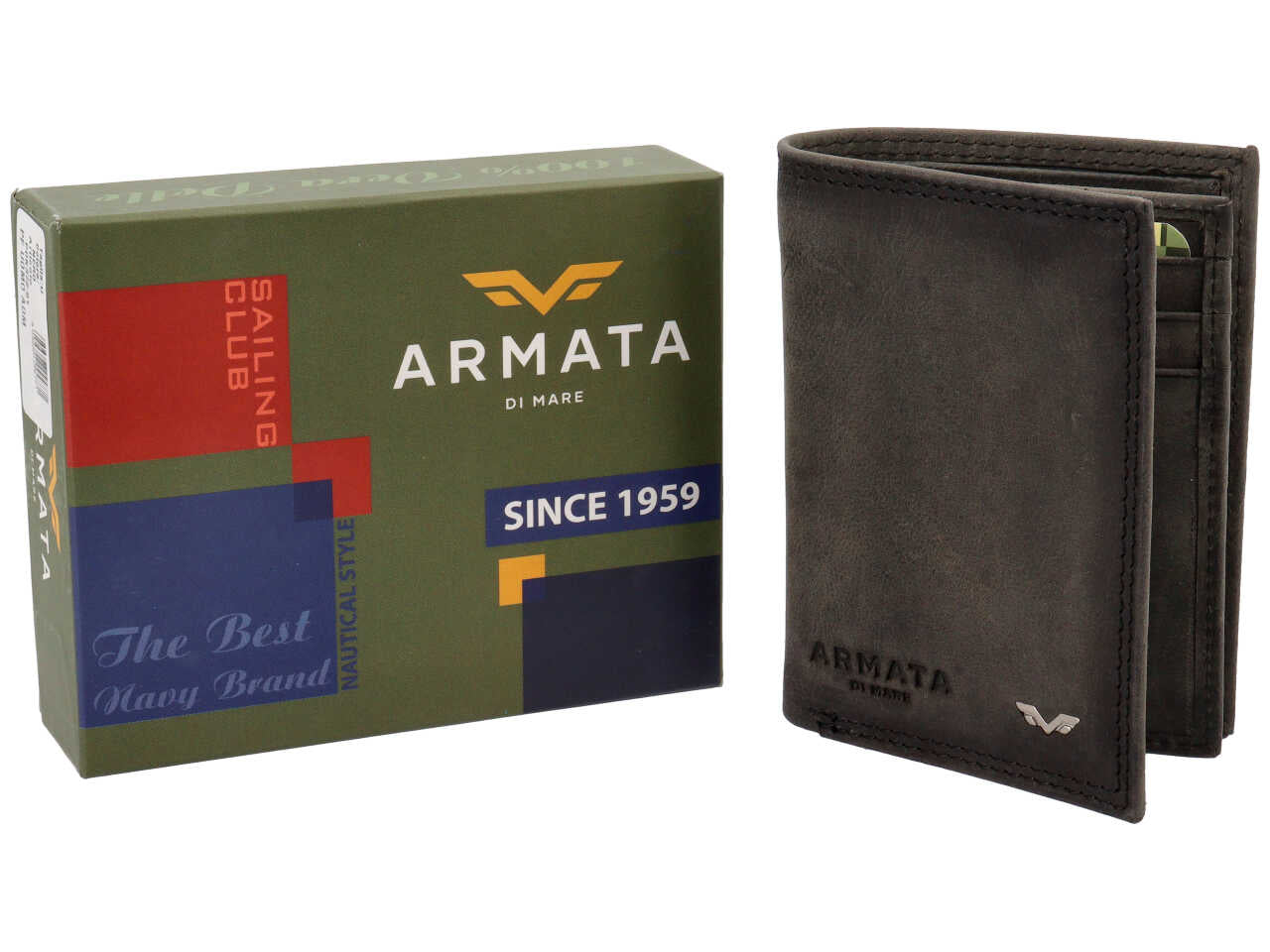Portafoglio Armata di Mare uomo in vera pelle nera invecchiata 10,5x7,5x2 cm