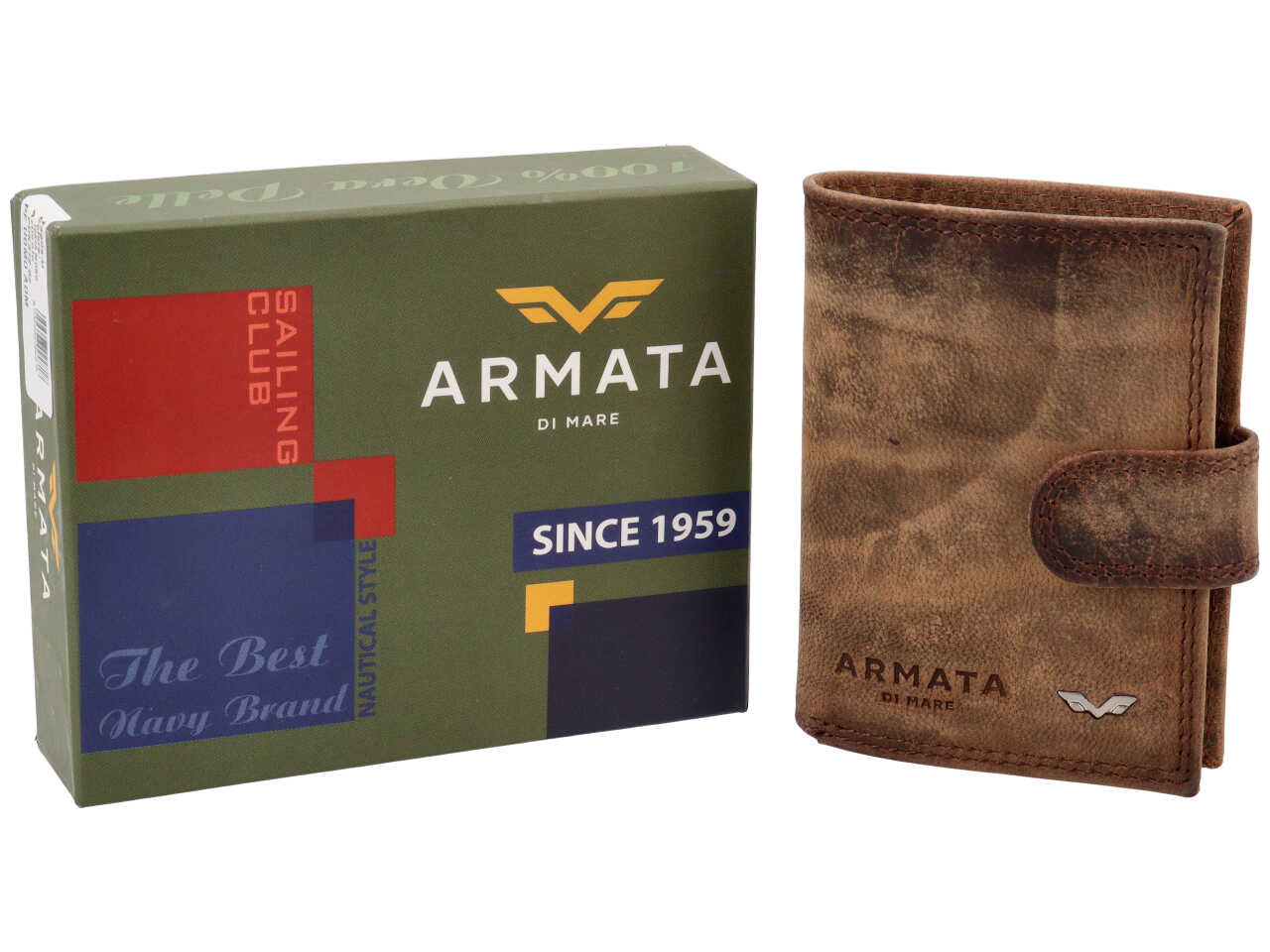 Portafoglio Armata di Mare uomo in vera pelle marrone invecchiata 10,5x7,5x2 cm