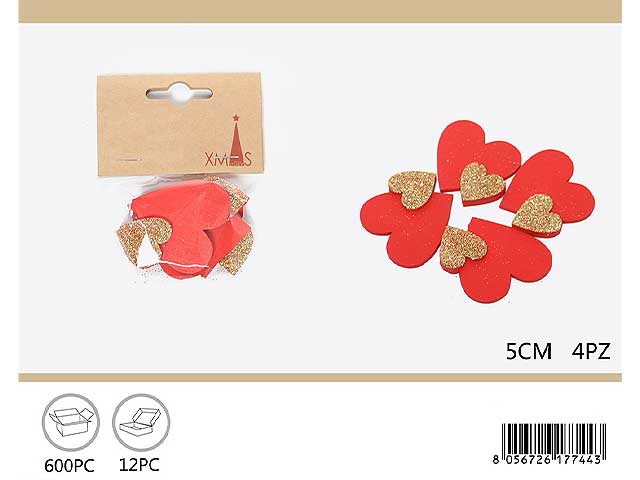 Dec.cuore 4 pezzi 5cm rosso