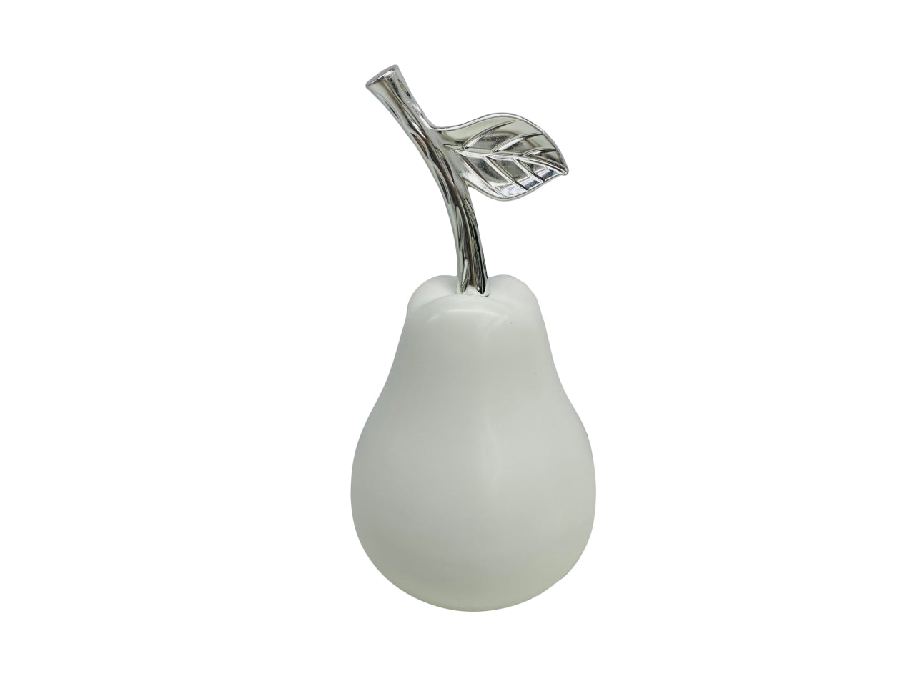 Pera decorativa in ceramica bianca opaca con gambo argentato 12,5x12,5x24 cm - Casa Milano