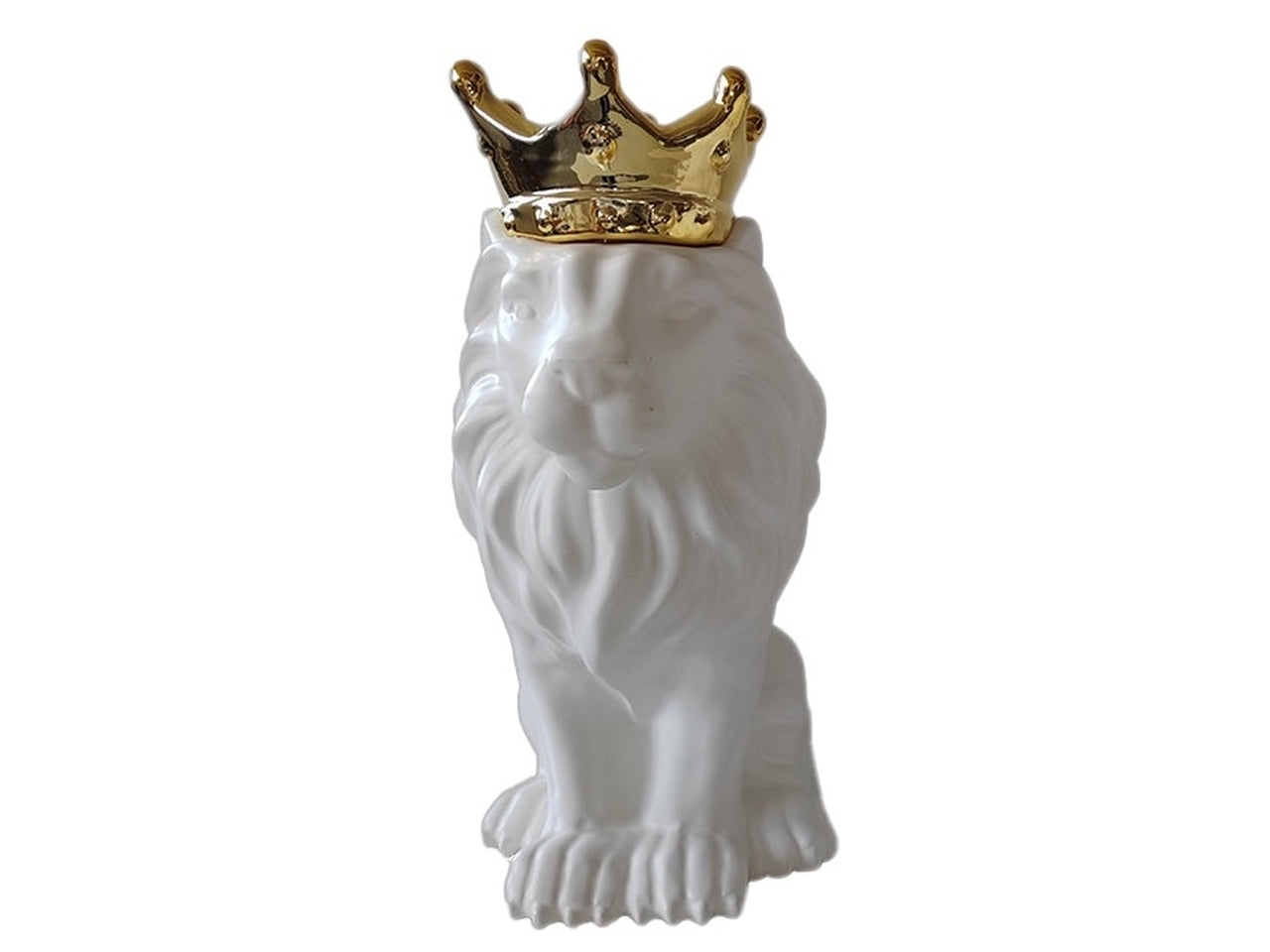 Leone decorativo in ceramica contemporaneo bianco opaco con corona oro 18 cm - Casa Milano