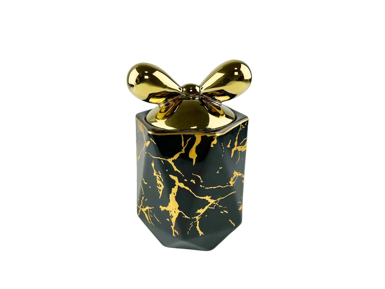 Barattolo decorativo in porcellana nero effetto marmorizzato oro con tappo fiocco oro da 2700 ml - Casa Milano