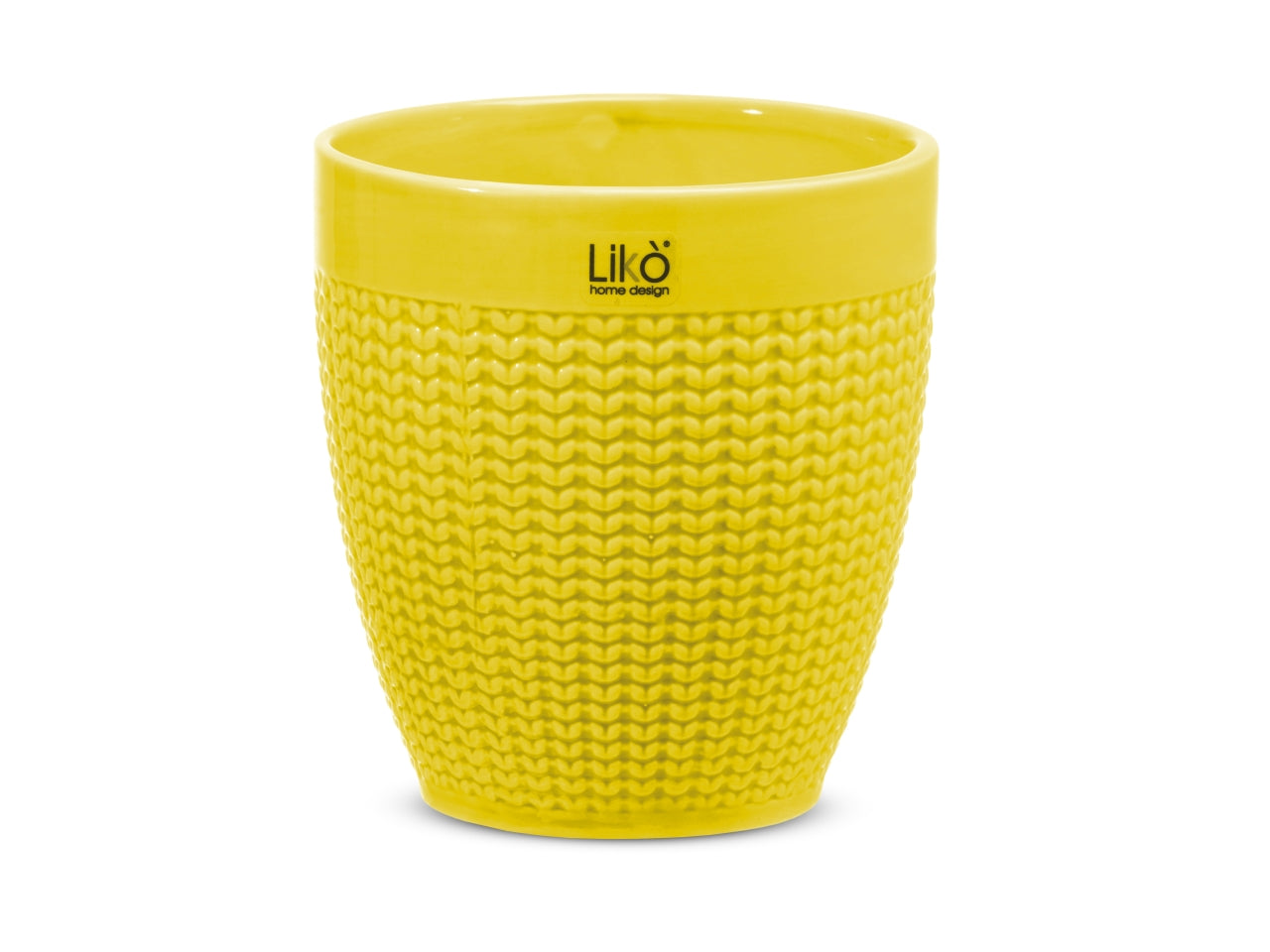 Cachepot portavaso moderno in ceramica lucida gialla con decoro a rilievo d.13xh.14 cm - Likò