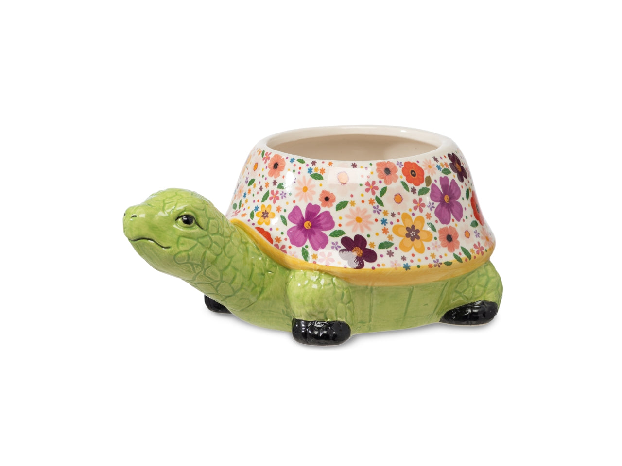 Vaso decorativo tartaruga in ceramica verde e multicolor con fantasia floreale 9,3x14,2 cm