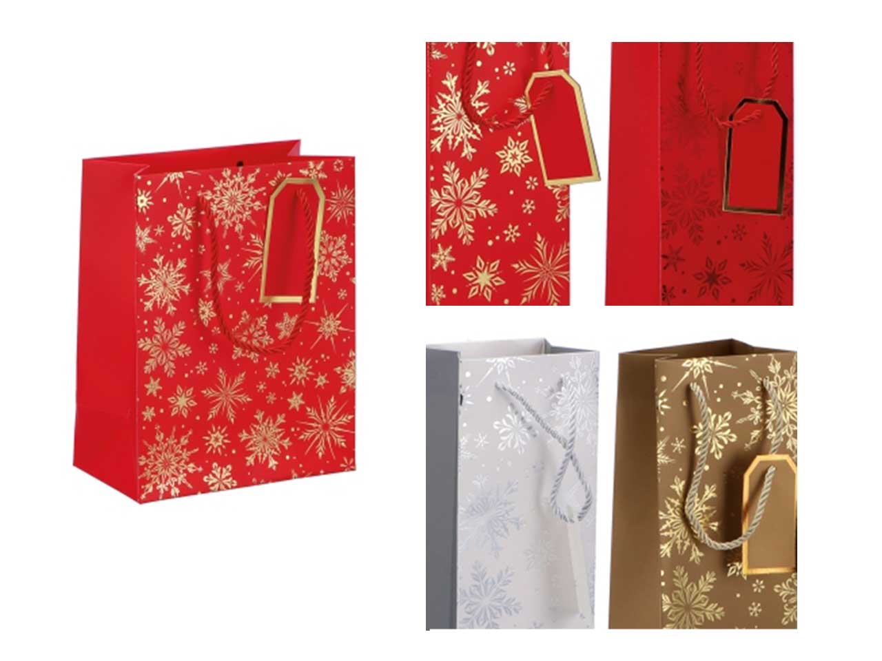 Busta regalo natalizia fiocco di neve in carta 3 colori assortiti 12x7xh15 cm - AD Trend