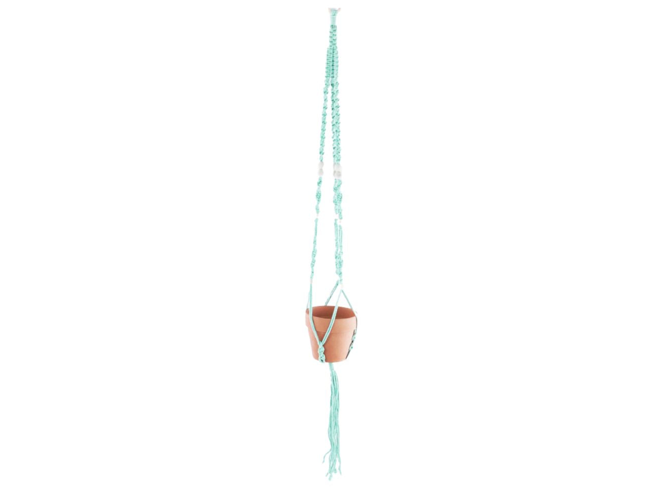 Portavaso a sospensione macrame' verde e beige d.12x100cm in terracotta