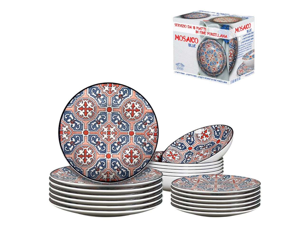 Servizio piatti per 6 persone in porcellana rosso e blu stile mediterraneo - Maison Tortorà