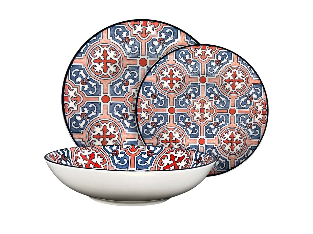 Servizio piatti per 6 persone in porcellana rosso e blu stile mediterraneo - Maison Tortorà