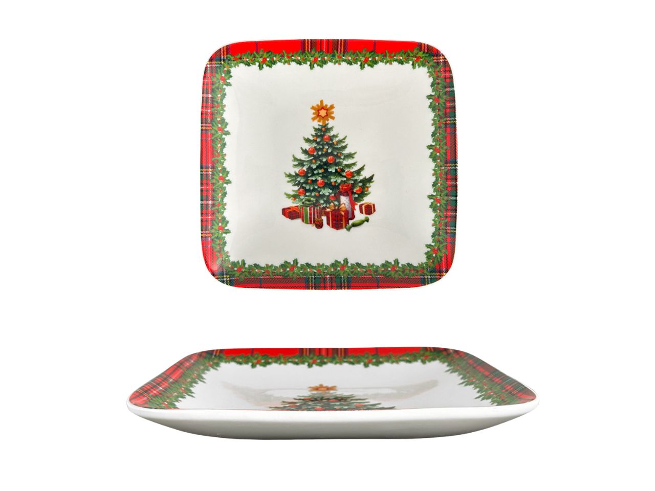 Vassoio quadrato natalizio in ceramica rosso, verde e bianco tartan multicolor 18x18 cm - Arca
