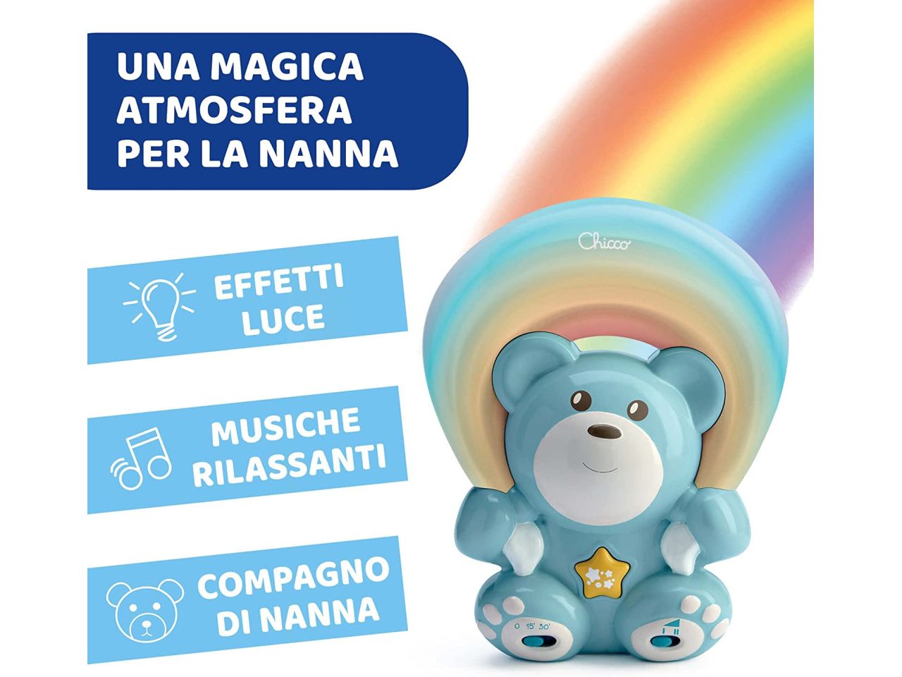 Chicco Rainbow Bear Blue Proiettore Musicale Luce Notturna con Musica Rilassante