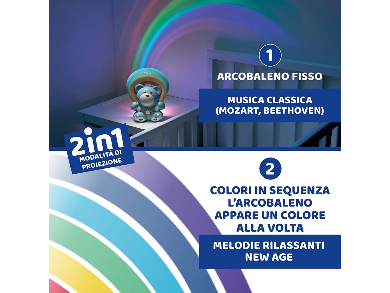 Chicco Rainbow Bear Blue Proiettore Musicale Luce Notturna con Musica Rilassante