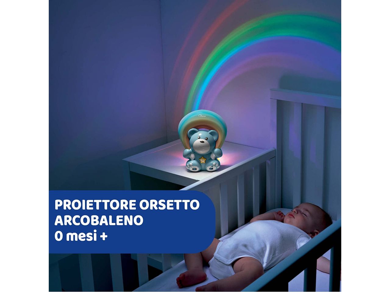 Chicco Rainbow Bear Blue Proiettore Musicale Luce Notturna con Musica Rilassante