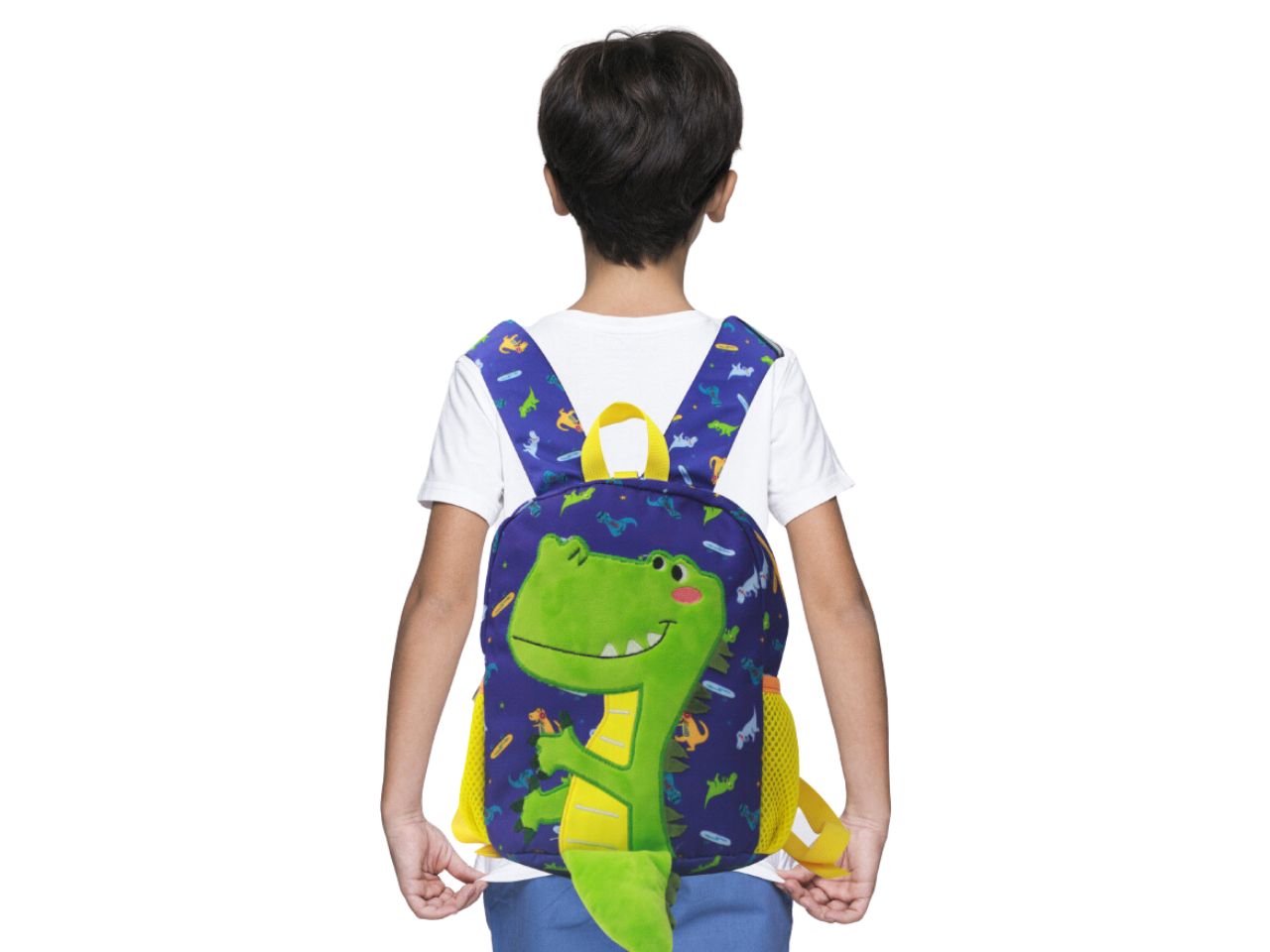 Zaino dinosauro misura 23x18x8cm con tasche laterali in rete e bretelle regolabili