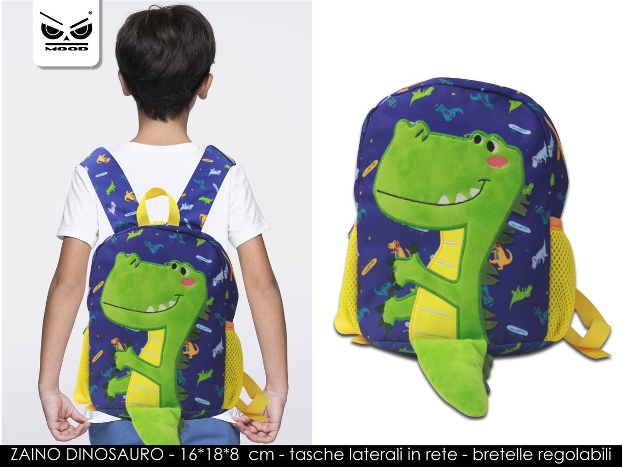 Zaino dinosauro misura 23x18x8cm con tasche laterali in rete e bretelle regolabili