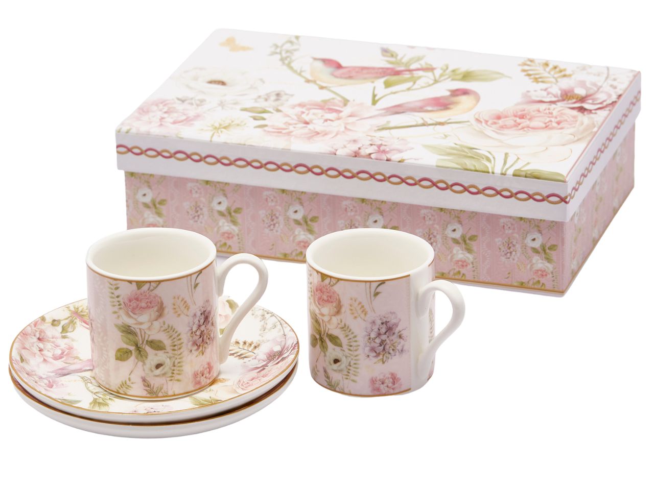 Tazzine da caffe' 2 pezzi con piattini e scatola. decoro floreale rosa e bianco