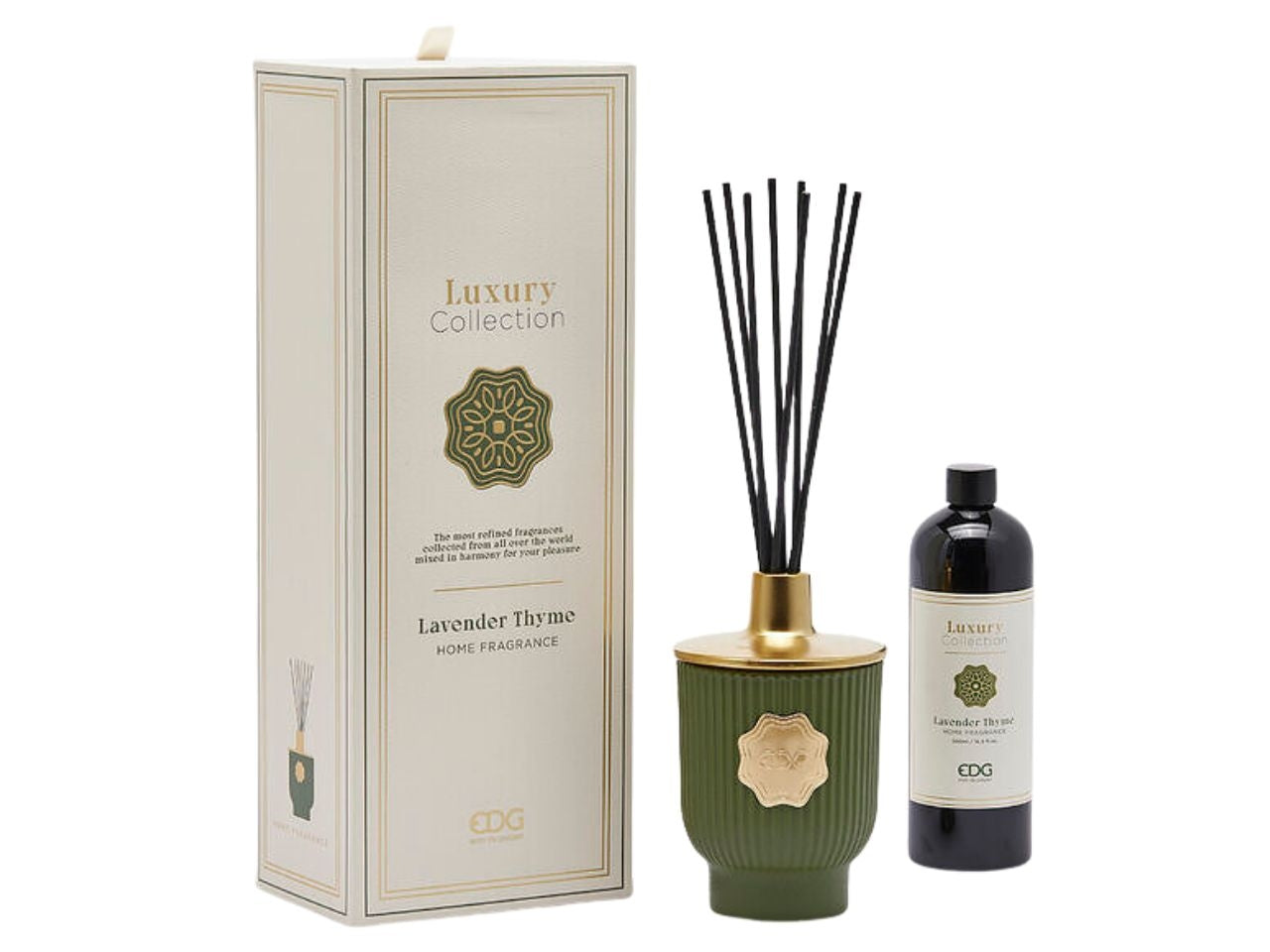 Diffusore di profumo Luxury, al profumo di Lavander Thyme in vetro color verde oliva, con scatola regalo 500ml - EDG