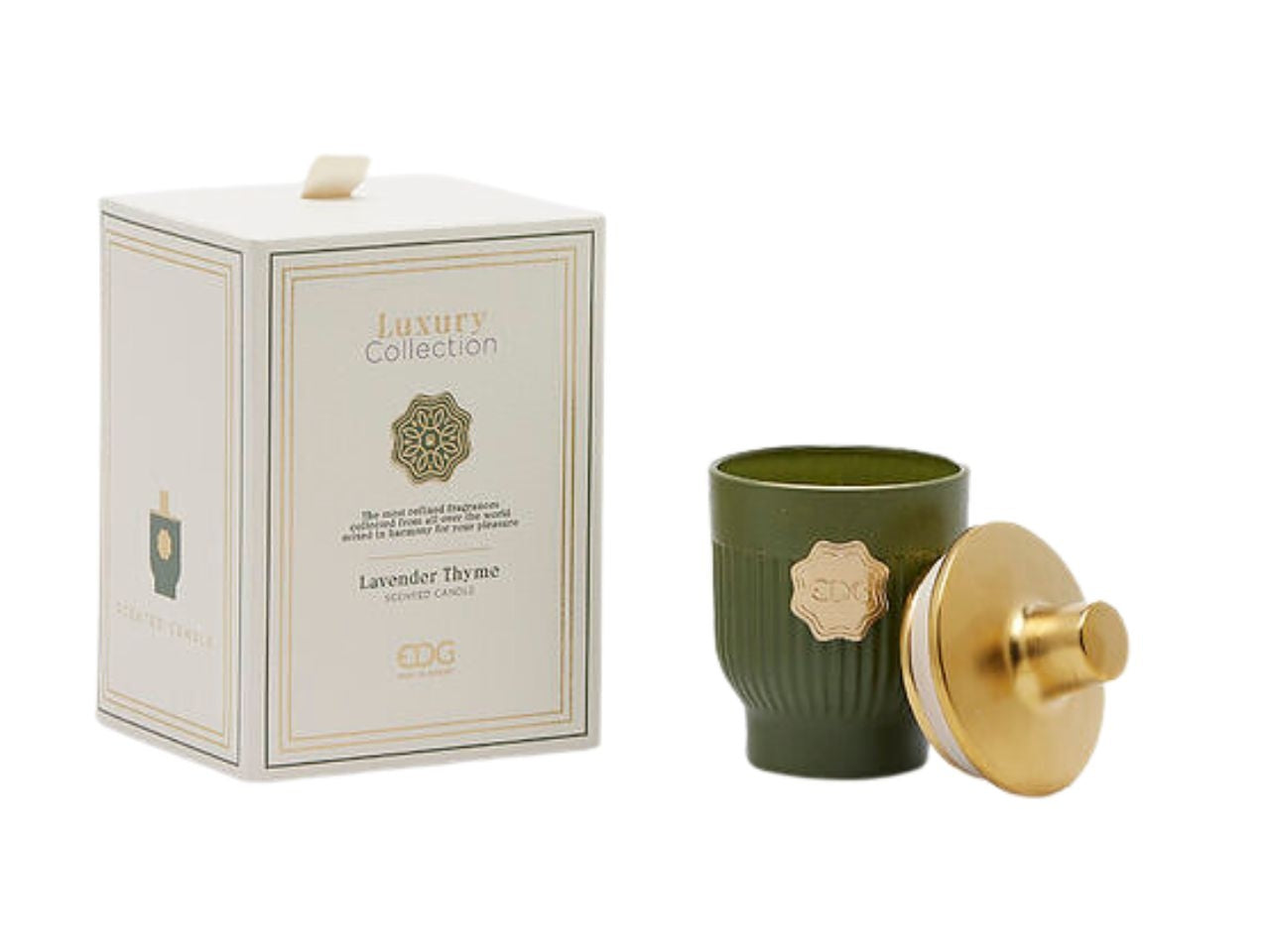 Candela Luxury, profumazione Lavander Thyme in vetro, color verde oliva e bronzo, forma cilindrica 12x7,5 cm - EDG