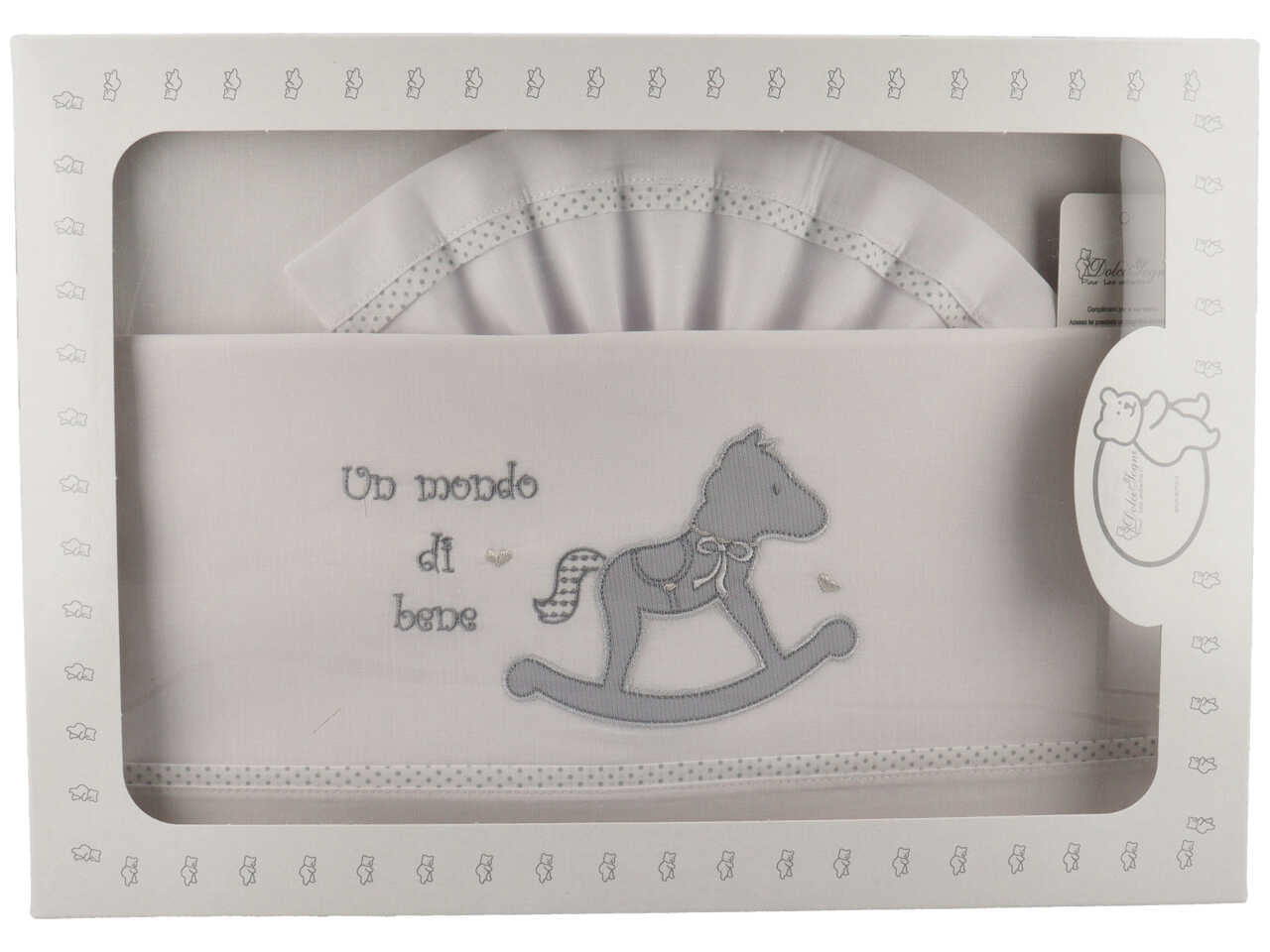 Lenzuola culla in cotone bianco e grigio con cavallo a dondolo 90x120 cm - Dolci Sogni