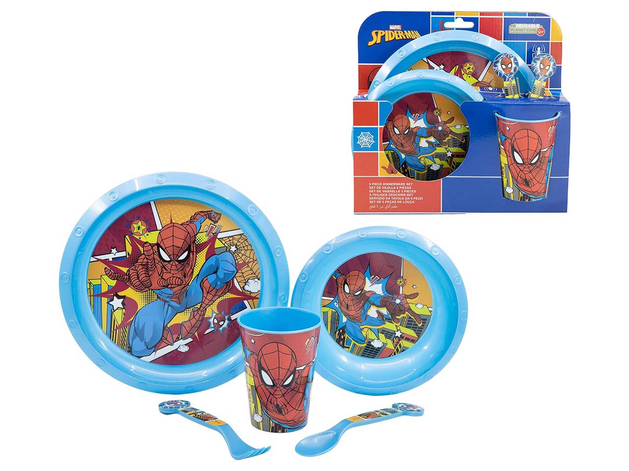 Spiderman set merenda include piatto piano, piatto fondo, bicchiere e posate