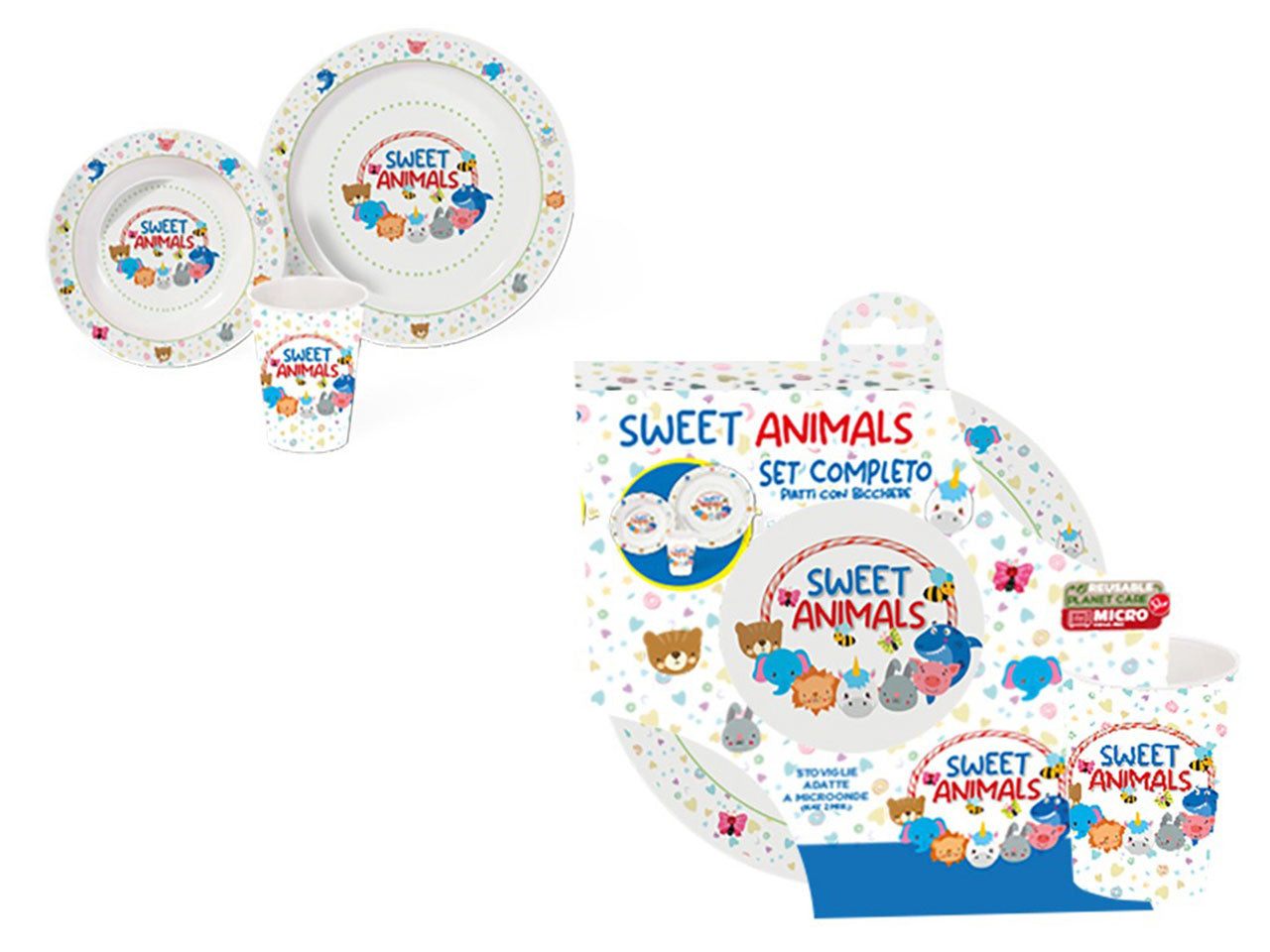 Sweet animals set da 3 pezzi, 2 piatti piu' bicchiere