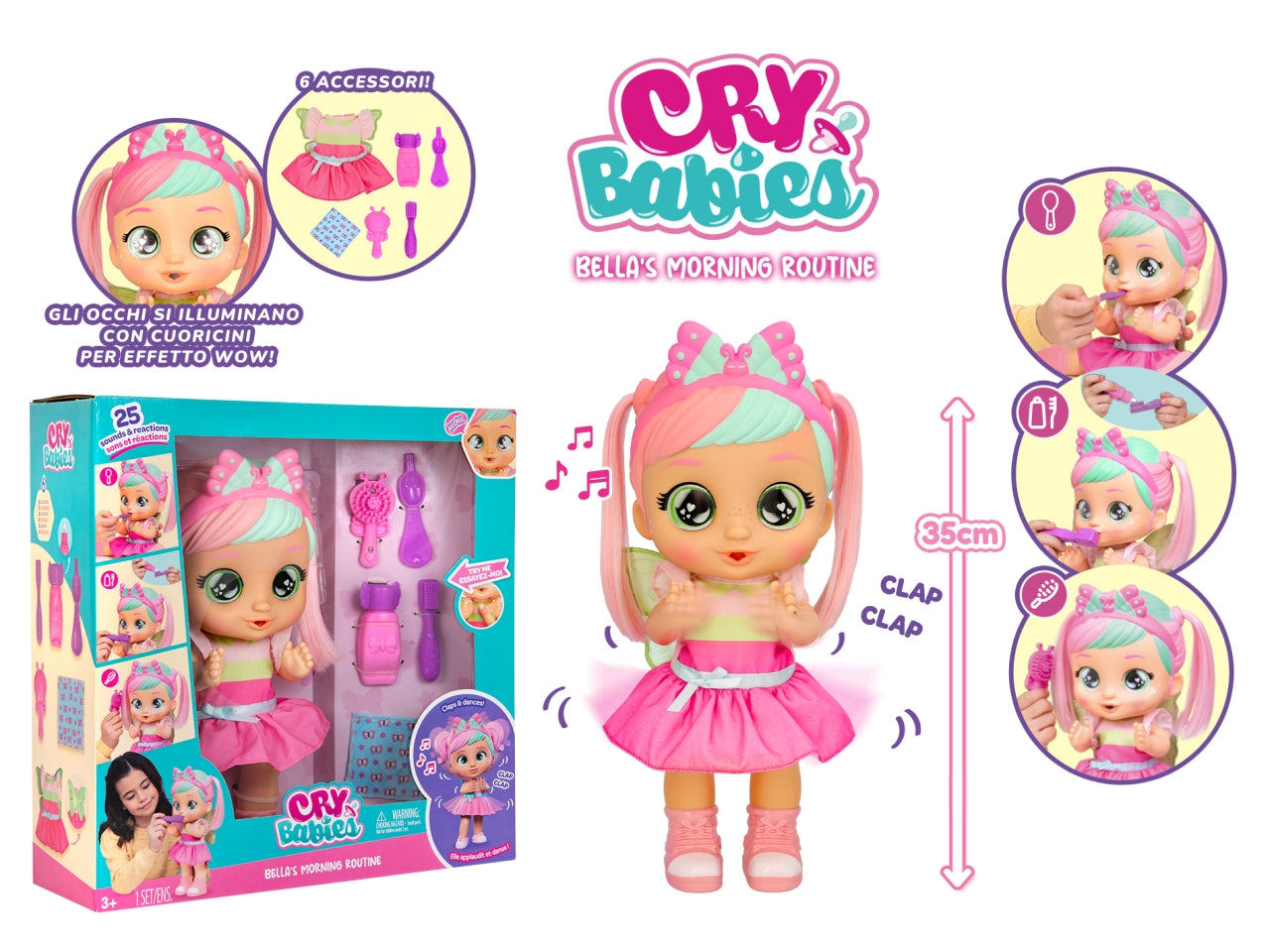 Cry babies Bella's morning routine, bambola interattiva per bambine, 18 mesi +