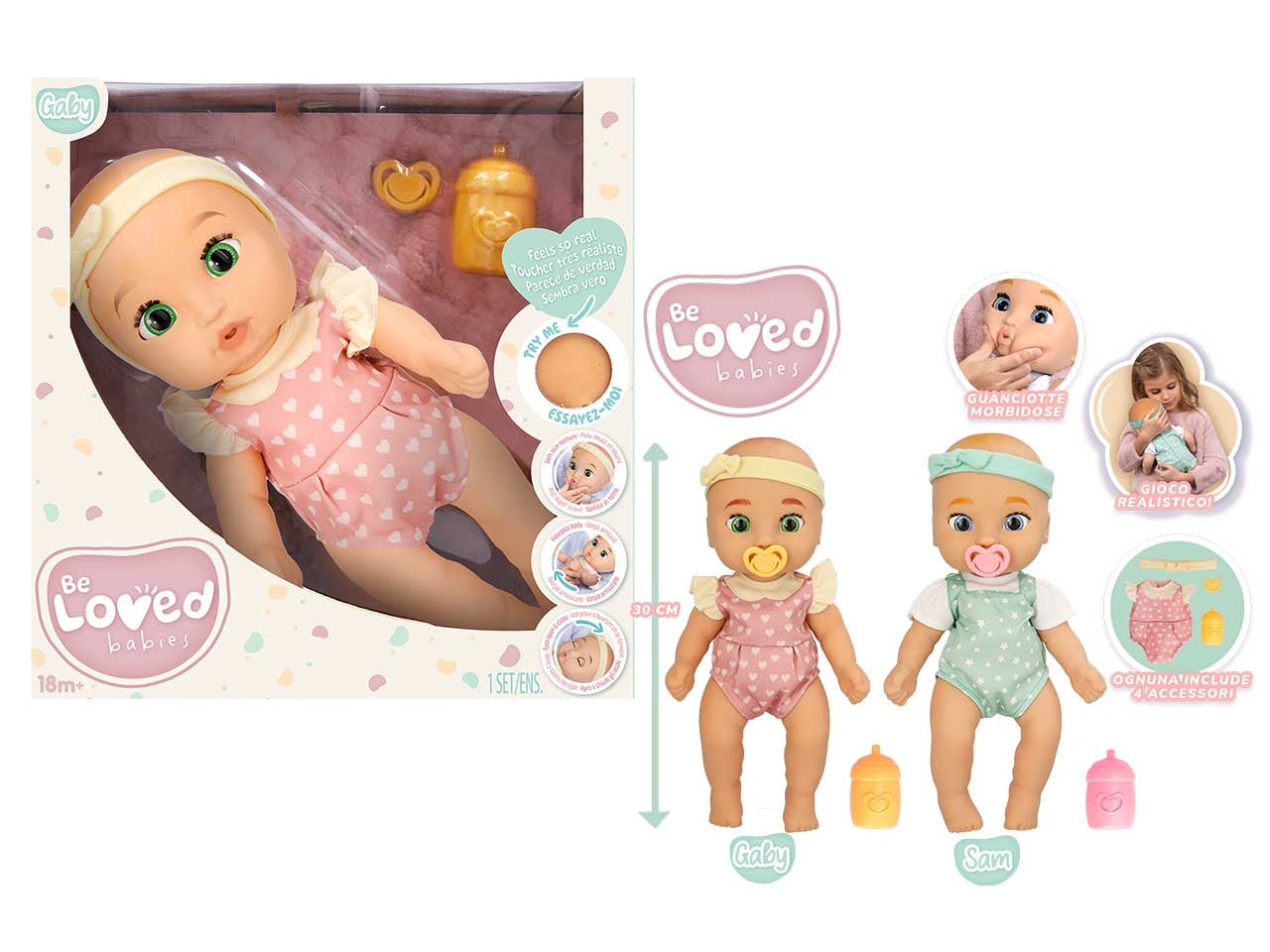 Be loved babies, bambola realistica con accessori per bambine, 30 cm 18 mesi +