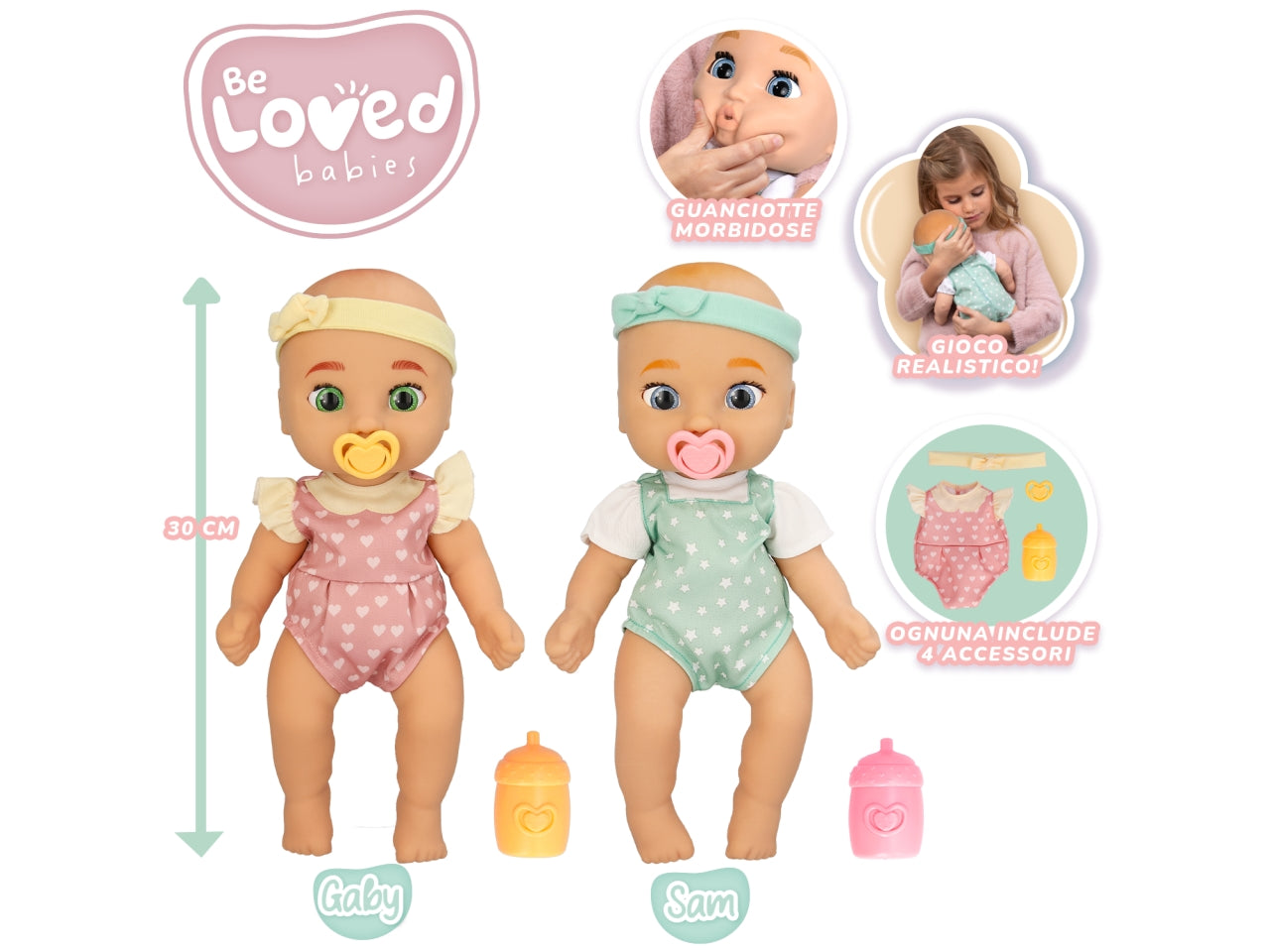 Be loved babies, bambola realistica con accessori per bambine, 30 cm 18 mesi +