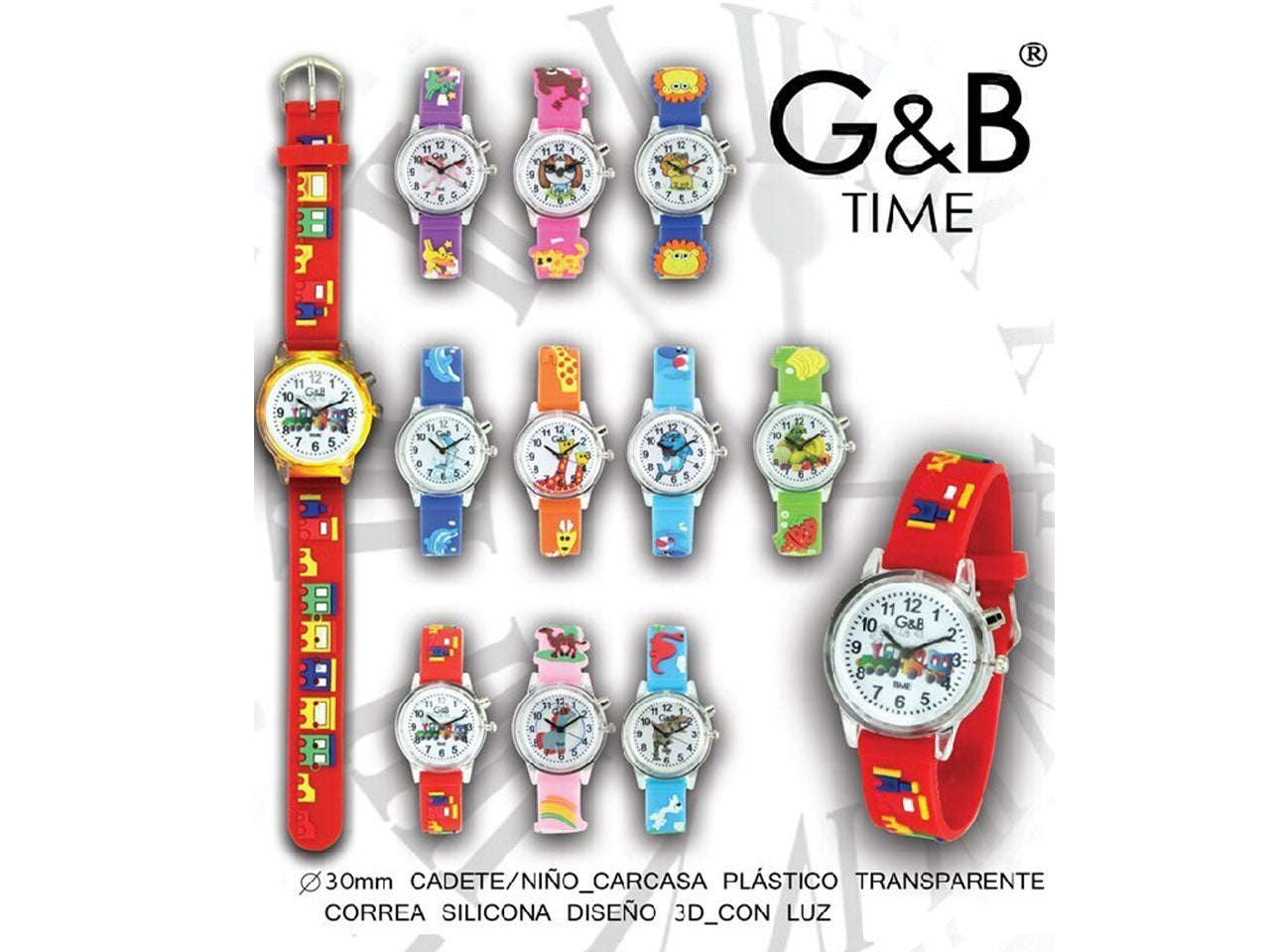 Orologio gb da bambino 3d cassa in plastica trasparente cinturino in silicone disegni assortiti