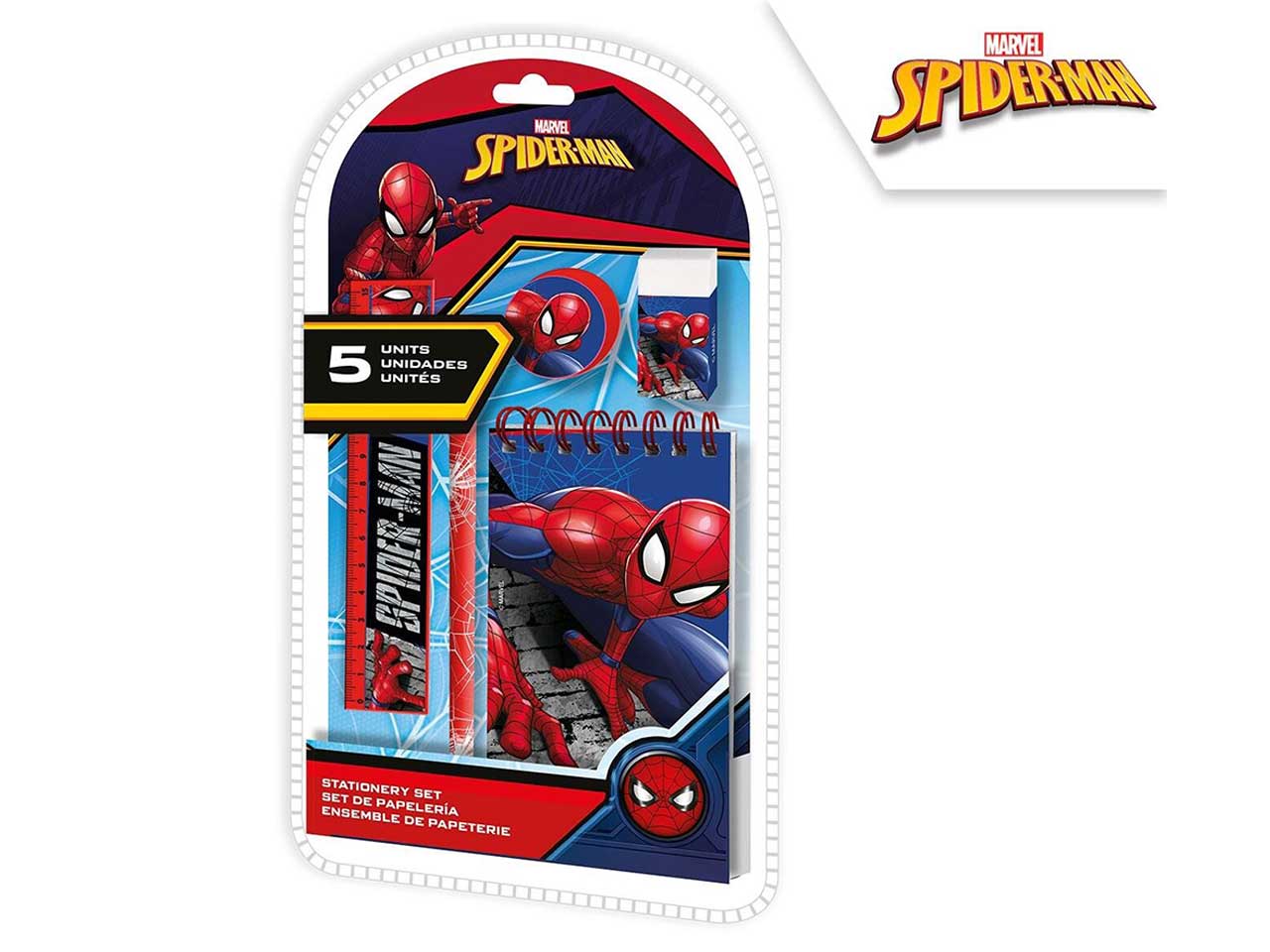 Spiderman set cancelleria 5 oggetti righello, matita, tempera, gomma e taccuino