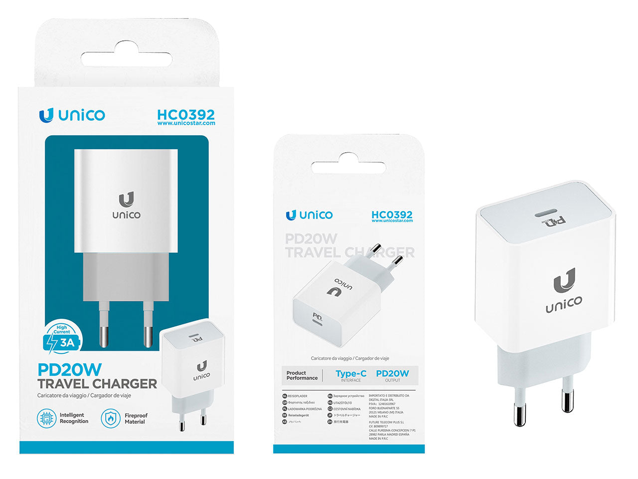 Caricatore da viaggio PD20W Bianco in ABS 1 USB, HC0392  - Unico