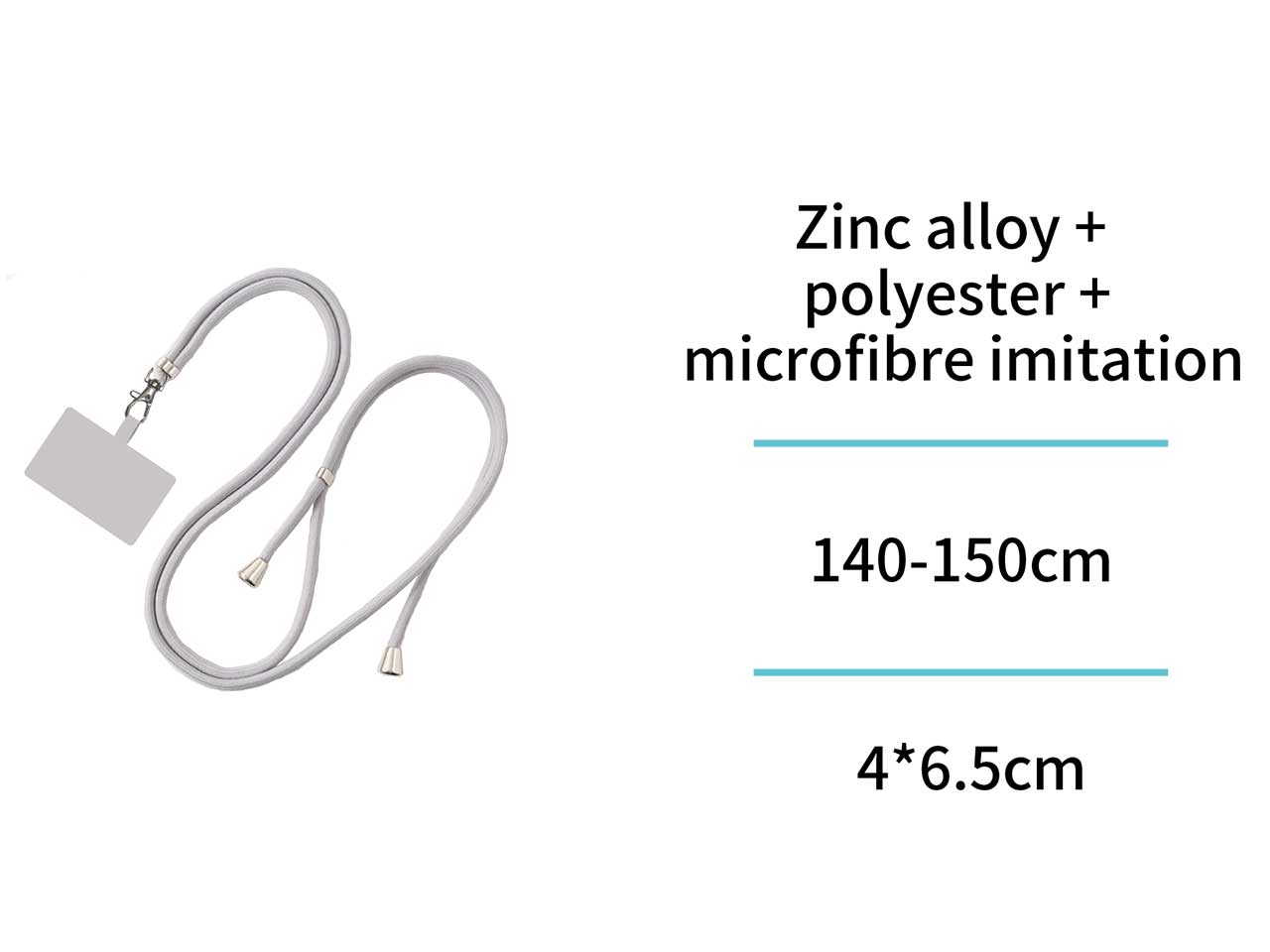 Cordino per cellulare regolabile in plastica e lega di zinco, 140-150cm, grigio con fibbia singola