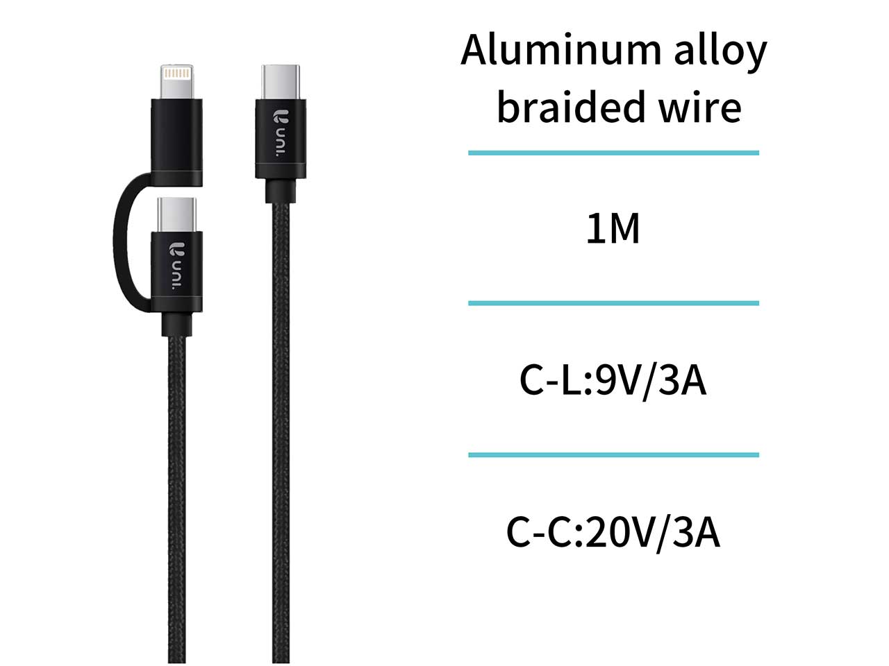 Cavo di ricarica rapida type-c e lightning, 1m, intrecciato in filo e lega di alluminio, output 20v/3a, nero