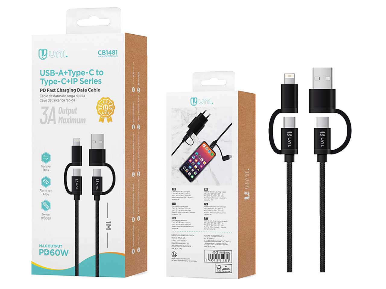 Cavo dati con ricarica rapida, usb-a, type-c e lightning, 1m, lega di alluminio e treccia di nylon, nero