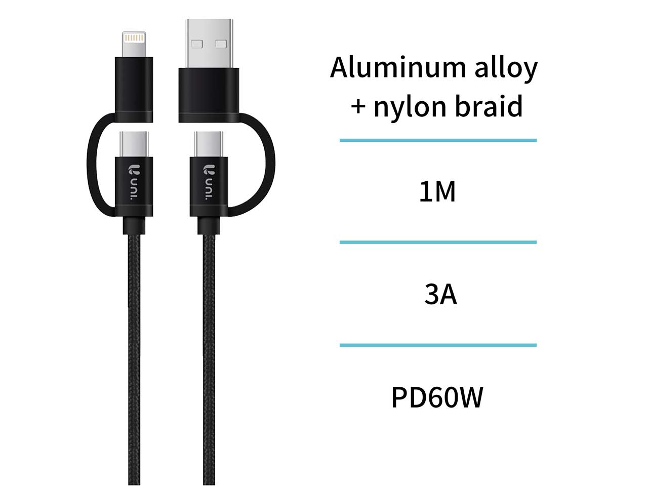 Cavo dati con ricarica rapida, usb-a, type-c e lightning, 1m, lega di alluminio e treccia di nylon, nero