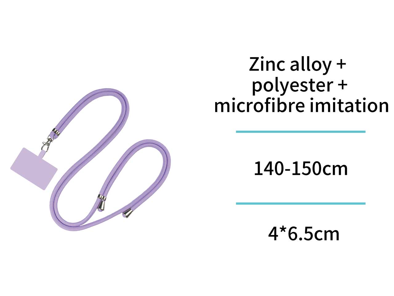 Cordino per cellulare regolabile in plastica e lega di zinco, 140-150cm, viola chiaro con fibbia singola